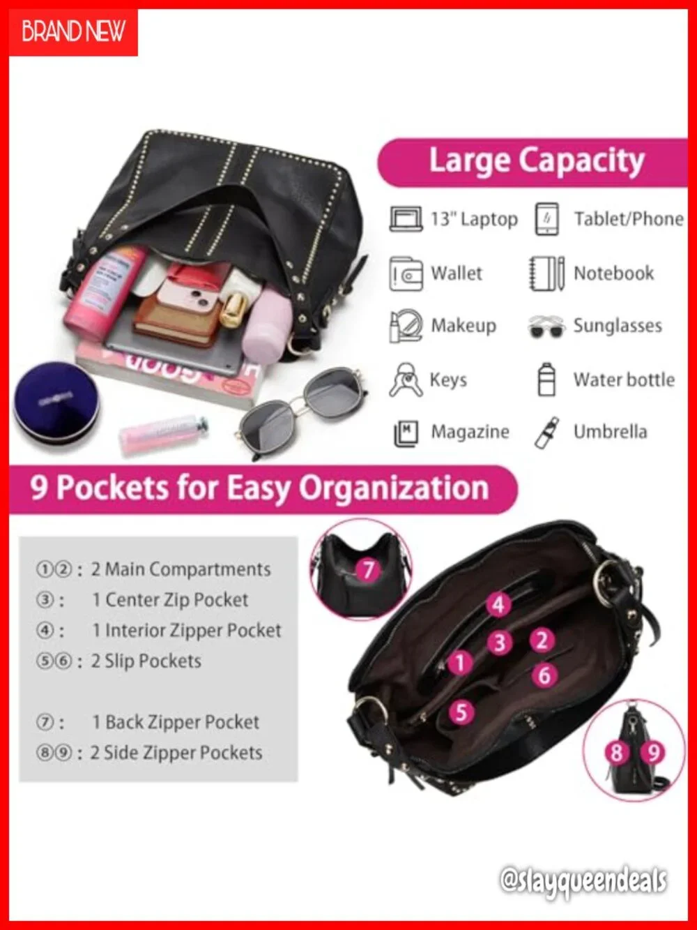 Studded Hobo Purse Set PU Faux Leather Shoulder Bag with Wallet